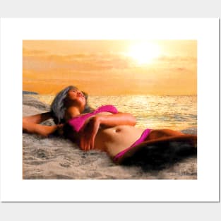 Woman girl bikini beach sunset Posters and Art